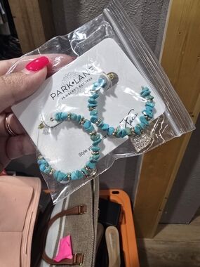 Park Lane Turquoise Chip Hoop Earrings with Gold Accents and Heart Charm